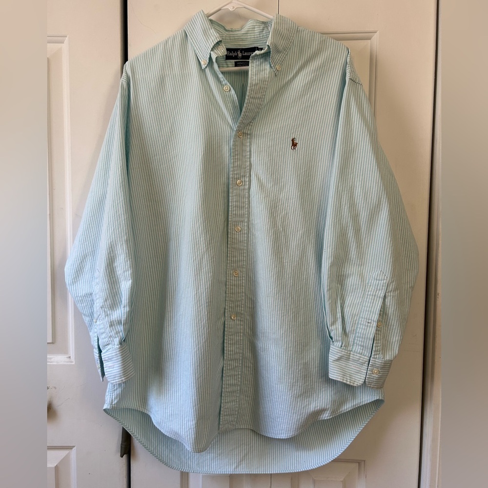 Ralph Lauren Mens 16/33 Teal/White Stripe Yarmouth Cotton Oxford Flesh Pony